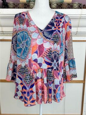 Vintage America Multicolor Exotic Floral V-Neck Peplum Blouse